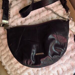 Rebecca Minkoff Black Leather Half-Moon Crossbody with Chain Strap - dark purple